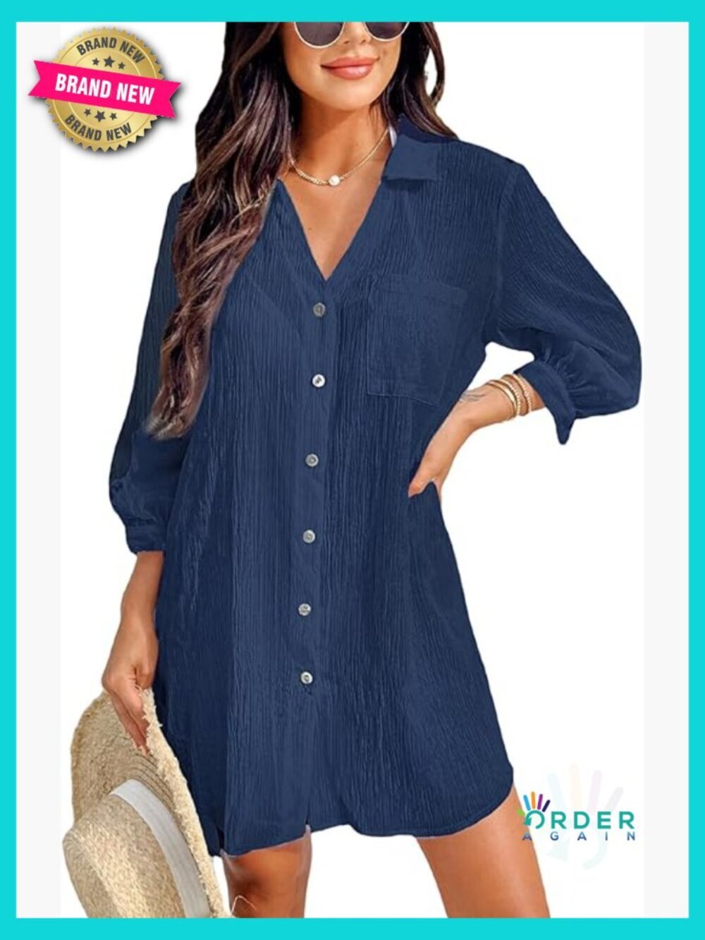 Button Down Beach Cover Up Shirt Dress Casual V Neck with Pockets - Picture 1 of 5